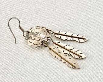 Single Earring Sterling Silver Three Feathers for Pierced Ear Wire Dangle Drop Signed MEXICO 925 Southwestern Sun Motif Gift Unisex