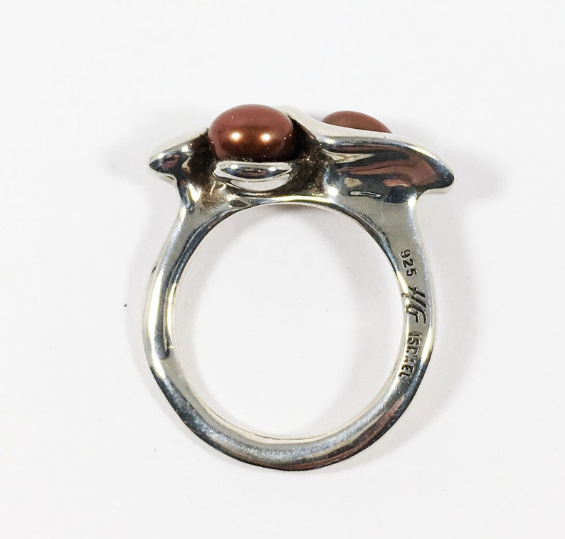 Sterling Silver Double Pearl Ring Signed 925 HG Israel Brown Cultured Pearls Vintage 1990s Size 5 34 Modernist Israeli Silver Abstract