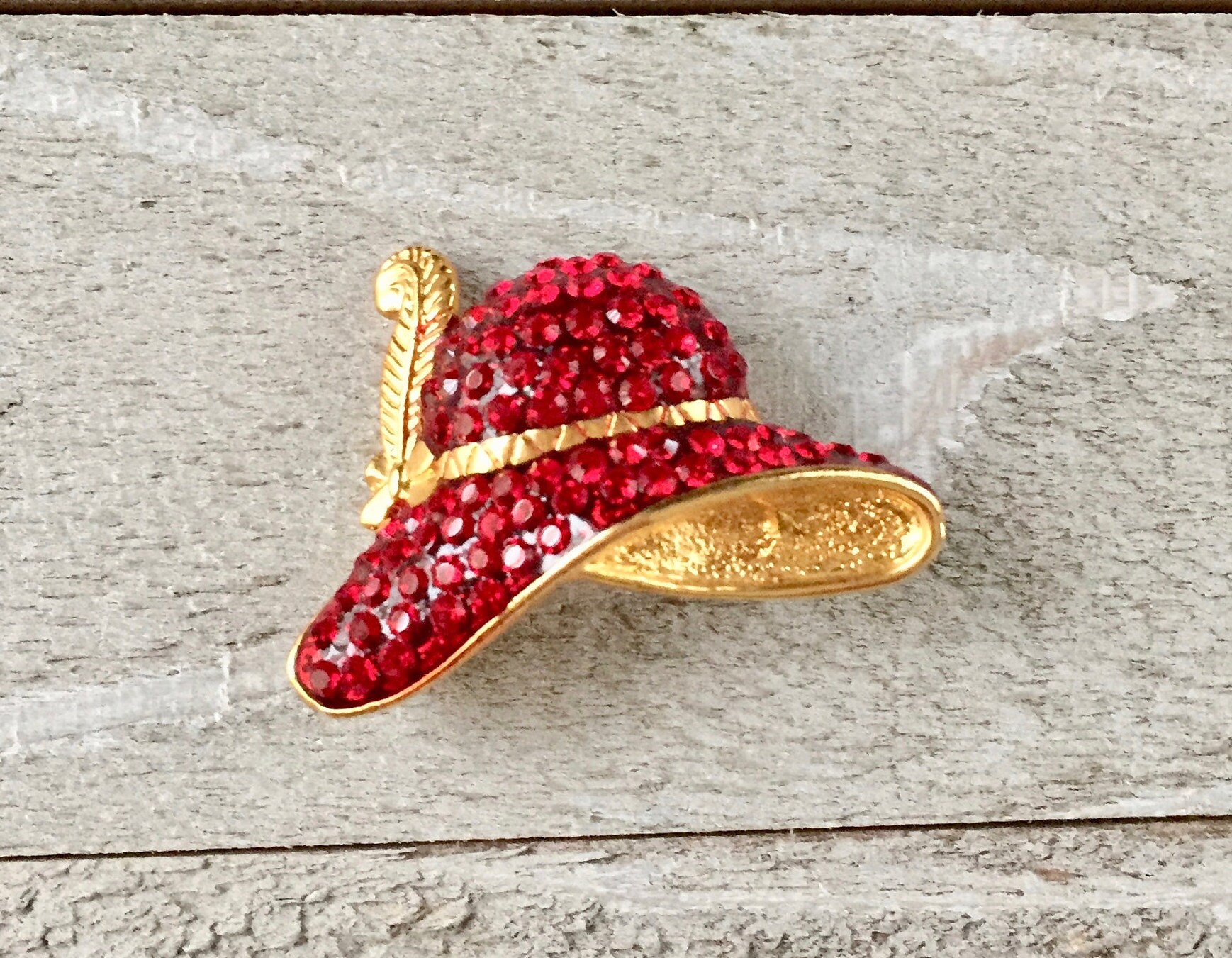 Gold Tone & Red Rhinestone Hat Pin Feather Accent Vintage 1980s 1990s ...