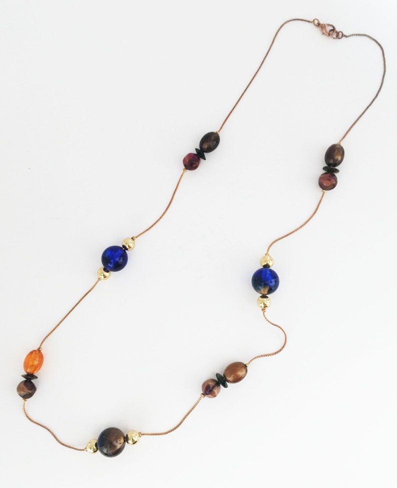 Multi Bead Necklace Flat Round Oval Modern Shiny Gold Tone Orange Brown Red Blue Copper Tone Art Glass Beads Vintage 1990s Serpentine Chain