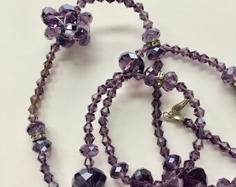 Purple Bead Necklace Long Single Strand Vintage 1990s Faceted Glass Beads Lavender Rondelle Bicone Cluster Knot Silver Tone Clear Rhinestone