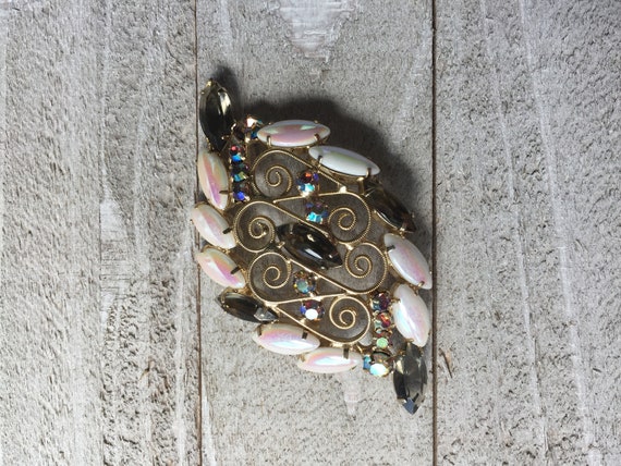 Blue and Opal Glass Rhinestone Small Midcentury Circle Brooch