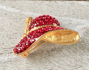 Gold Tone & Red Rhinestone Hat Pin Feather Accent Vintage 1980s 1990s OTC Signed Red Hat Society Brooch Collectible Statement Pin