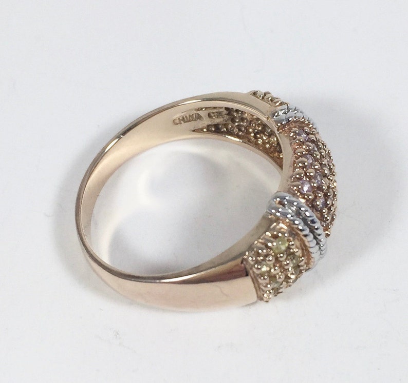Gold Vermeil Sterling Silver CZ Ring Vintage 1990s Large Crystal Ring Yellow Pink CZs Signed 925 Cocktail Dinner Ring Gift for Her Birthday