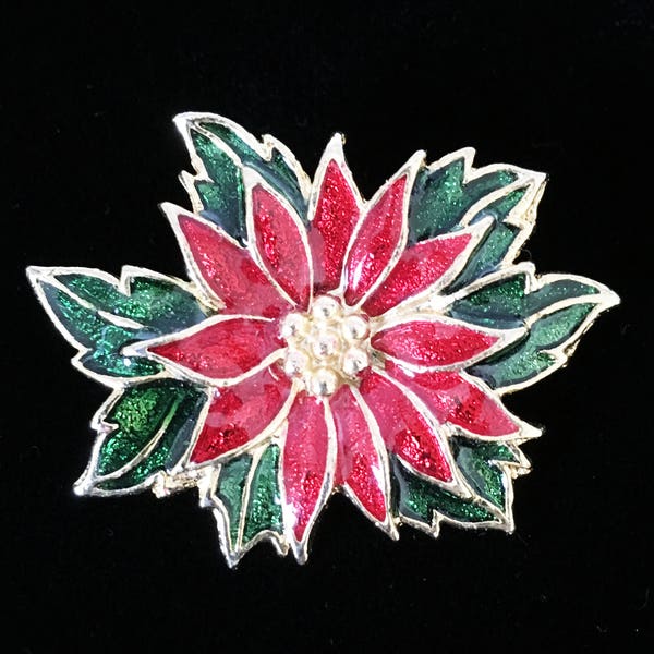 Signed SFJ Christmas Poinsettia Flower Brooch Enamel and Gold Tone Holiday Pin Winter Floral Jewelry
