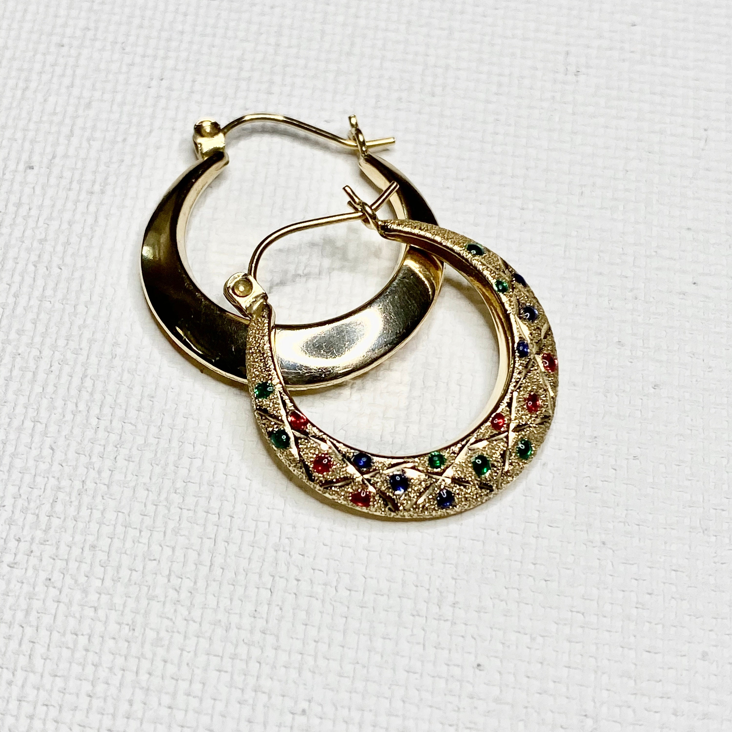 14K Gold Hoops Red Green Blue Enamel Accents Stippled With - Etsy