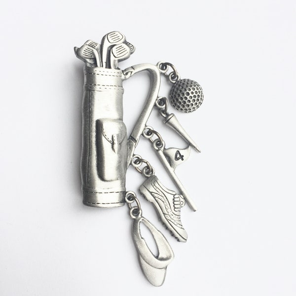 Pewter Silver Tone Golf Charm Brooch Bag Clubs Ball Tee Flag Shoes Visor Hat Charms Vintage 1960s 1970s JJ Designer Signed Pin Gift for Her