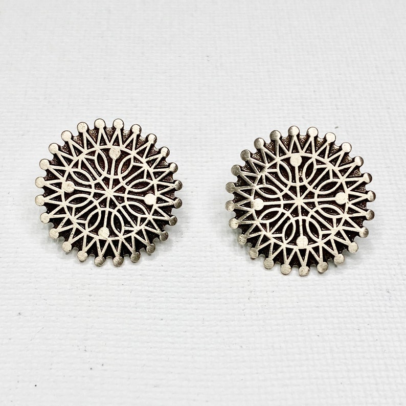 Bell Trading Nickel Silver Medallion Clip On Earrings Mid Century Vintage 1960s Southwestern Designer Clip Ons Starburst Earrings