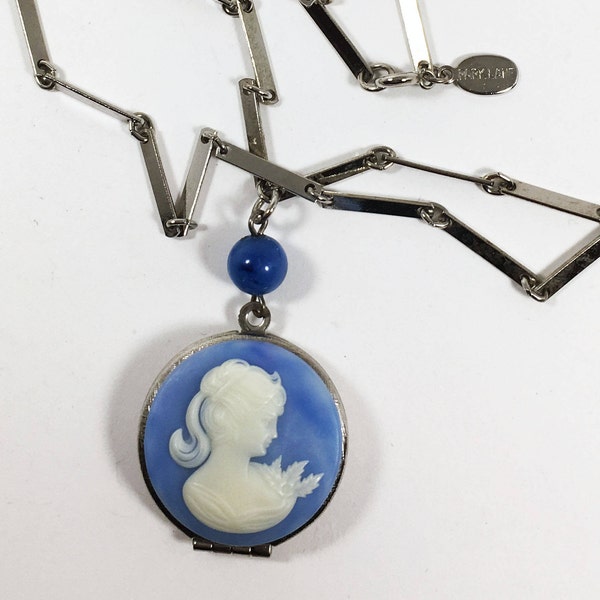 Park Lane Blue Cameo Locket Silver Tone Mid Century Chain Vintage 1960s 1970s Keepsake Pendant Carved Ponytail Girl Sweet Sixteen Gift