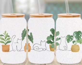 Cat Mom Plant Cup, 16oz Plant Mom Glass Cup, Cat and House Plants Gift