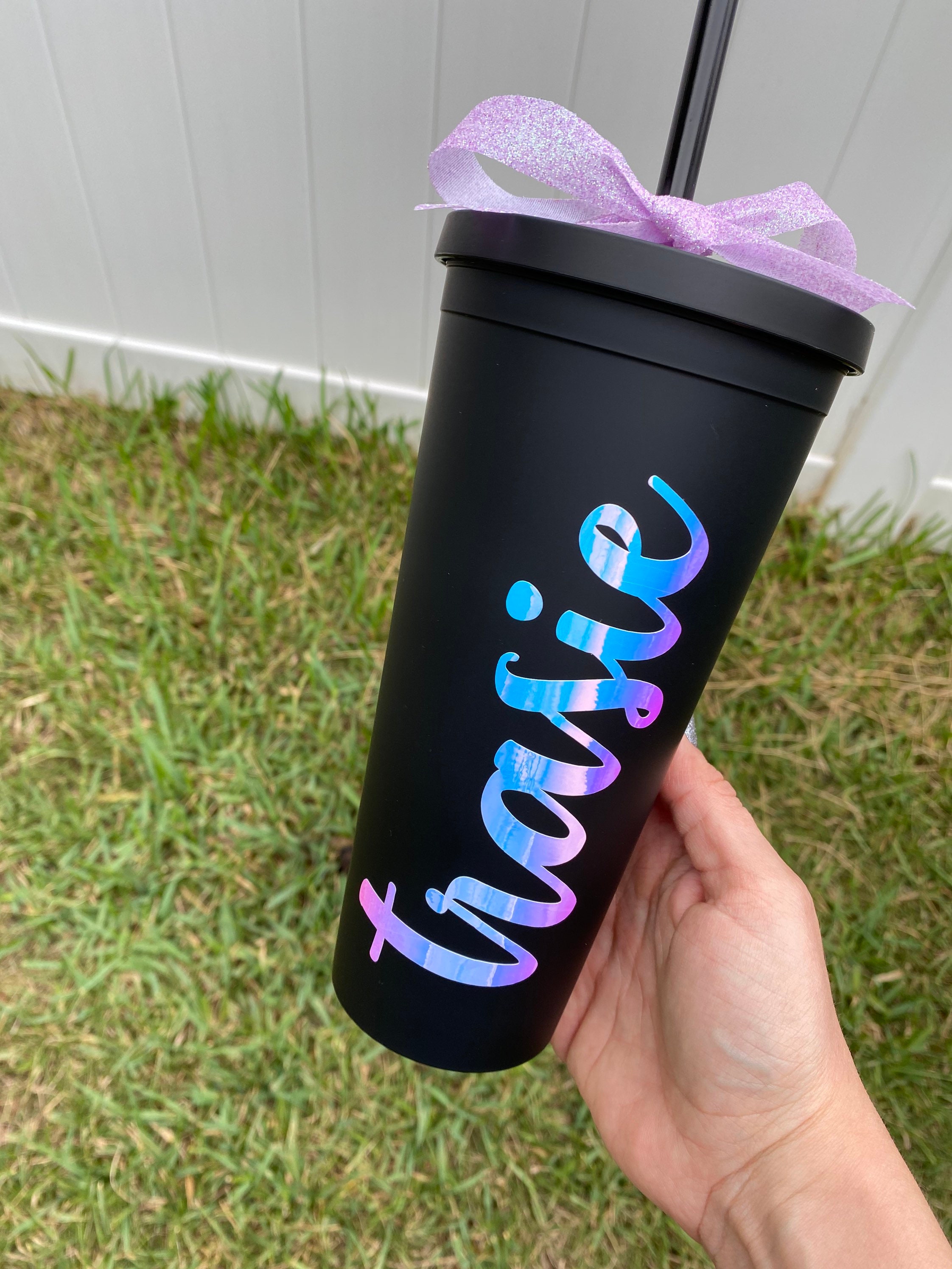 Personalized Matte Black Tumbler 22oz Holographic vinyl Etsy