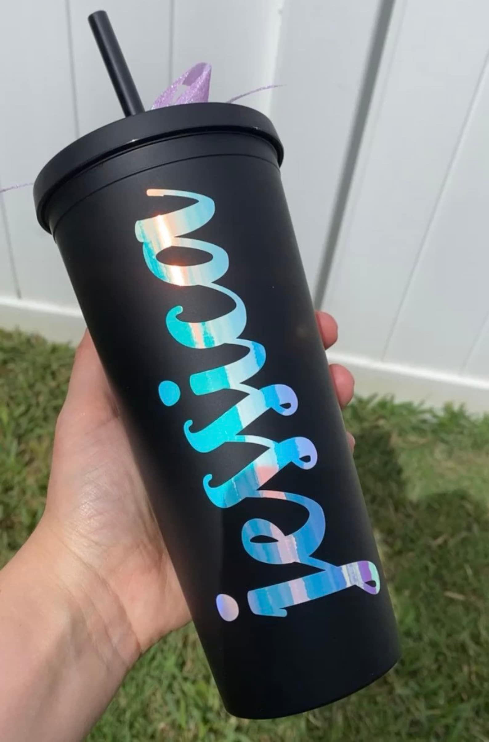 Personalized Matte Black Tumbler 22oz Holographic vinyl Etsy
