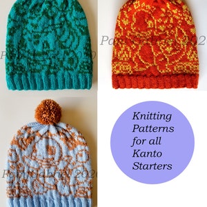 May include: Three knitted hats with pom-poms in different colors and patterns. The hats are blue, red, and green with a white background. The text "Knitting Patterns for all Kanto Starters" is on a purple circle.