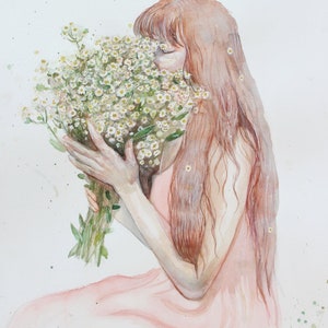Girl with flowers- original watercolor 15x21.5