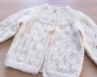 Knitted baby sweater, White cozy alpaca wool pullover, Handmade baby clothes