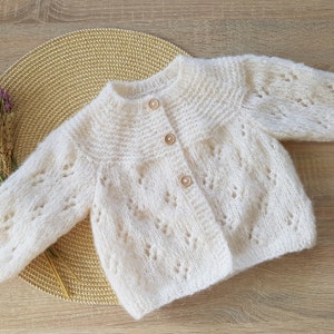 Alpaca wool sweater for baby, White knitted baby sweater, Knit baby cardigan, Knitted baby clothes