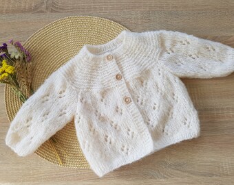 Alpaca wool sweater for baby, White knitted baby sweater, Knit baby cardigan, Knitted baby clothes