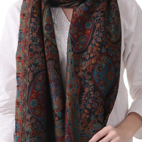 100% pure cashmere wool traditional kani weave pashmina super soft warm light stole scarf wrap. black