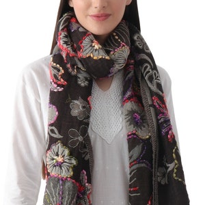 100% Lamb wool thick, hand embroidered beautiful paisley & floral large, warm, pashmina stole, scarf, wrap. floral dark brown