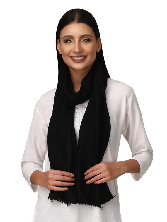 100% pure 2ply cashmere herringbone super soft thick lightweight pashmina black