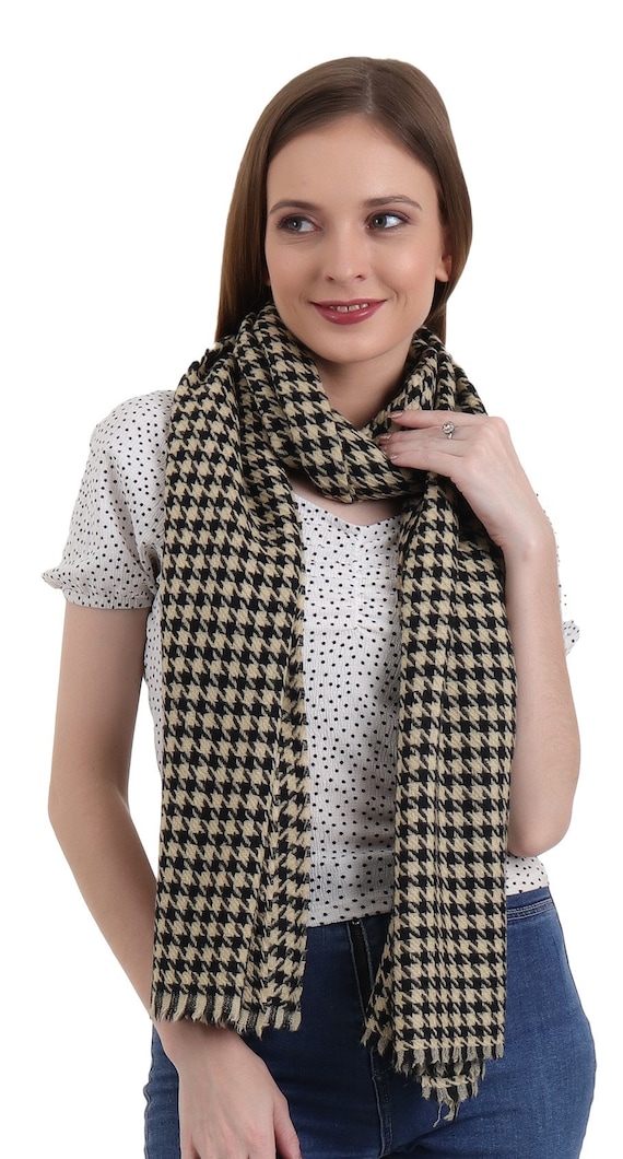 100% Pure Cashmere scarf, stole Houndstooth, warm large buttery soft  Pashmina (BEIGE BLACK)
