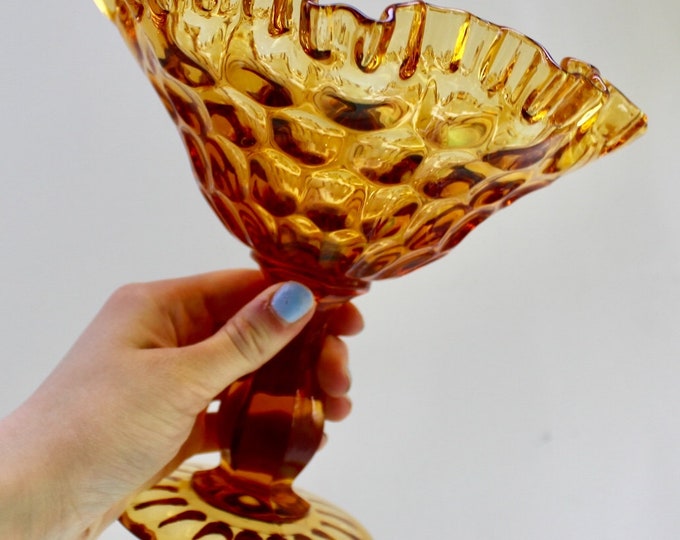 Vintage Amber Glass Candy Dish, Vintage Amber Glass Pedestal Dish, Vintage Amber Glass Decorative Dish, Mid Century Amber Glass