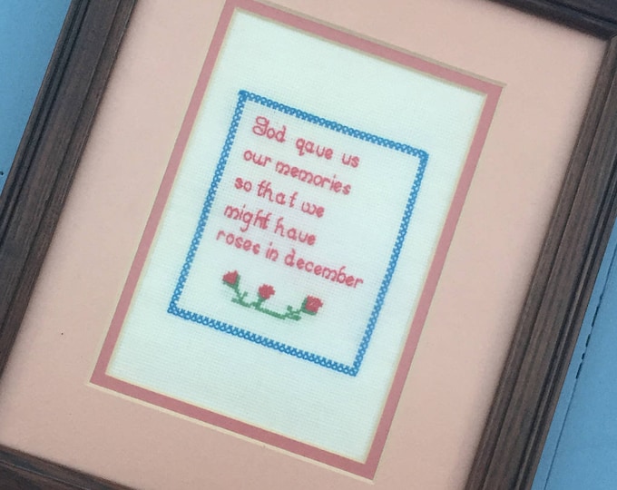 Vintage Framed Needlepoint, Glass Framed Crewel Cross Stitch, Linen Embroidery Framed Wall Hanging, Cottage Core Decor, Vintage Rose Crewel