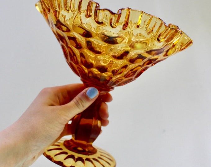 Vintage Amber Glass Candy Dish, Vintage Amber Glass Pedestal Dish, Vintage Amber Glass Decorative Dish, Mid Century Amber Glass