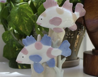 Vintage Coastal Fish Figurine Pastel Ceramic Fish Sculpture Beach Cottage Decor Pink Blue Fish