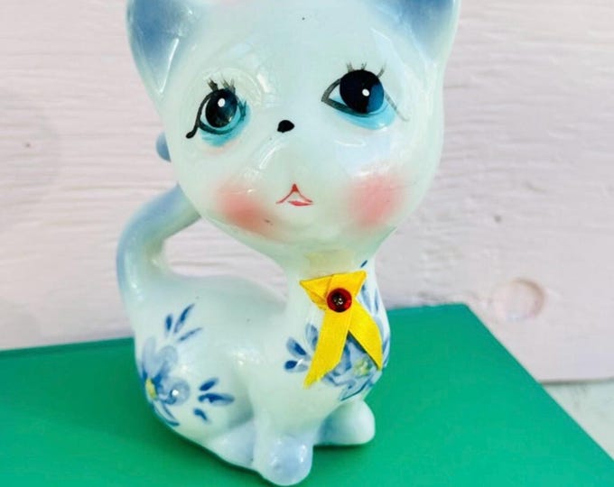 Vintage Large 7 inch Japan Ceramic Cat Figurine Big Eyed Blue Floral Kitten Mid Century Decor