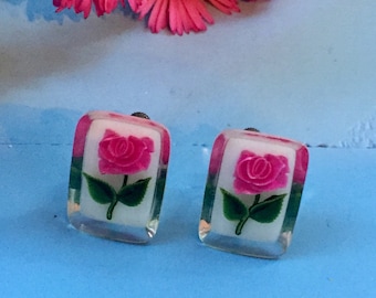 Vintage Reverse Carved Rose Earrings Lucite Floral Earrings Pink Rose Screw Back Earrings 1940s Jewelry