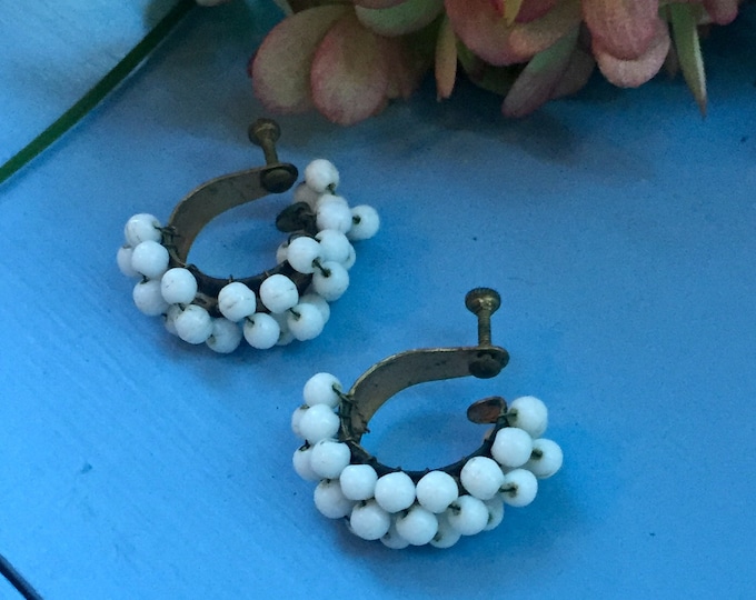 Vintage 1930s Glass Beaded Earrings, Vintage White Glass Beaded Earrings, Vintage Beaded Earrings, Vintage Bridal Earrings