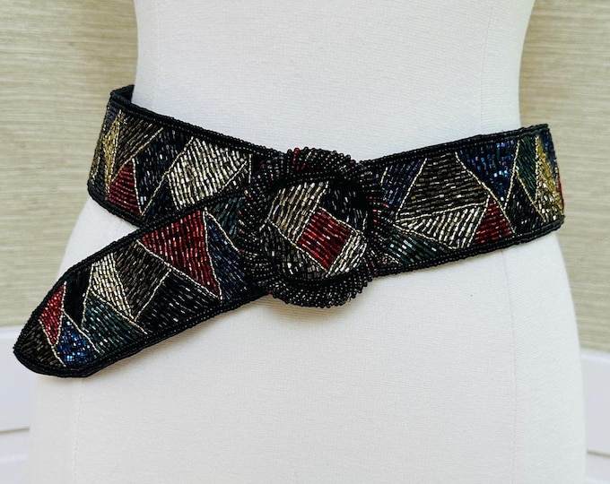 Vintage 80s Art Decor Beaded Belt Geometric Glitter Sead Beads Red Black Gold Green Navy Jewel Tone Belt Multicolored Glam Belt Dressy Belt