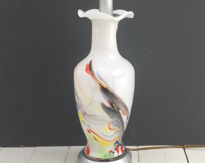 Vintage Marbled Glass Table Lamp, Vintage Milk Glass Paint Splattered Table Lamp, Vintage Mid Century Modern Table Lamp