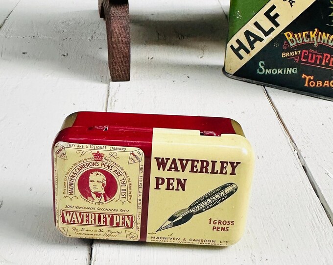 Vintage Waverley Pen Tin, Vintage Fountain Pen Tin, Antique Advertising Tin, Vintage Artist Supplies, Gift for Artist, Gift for Writer