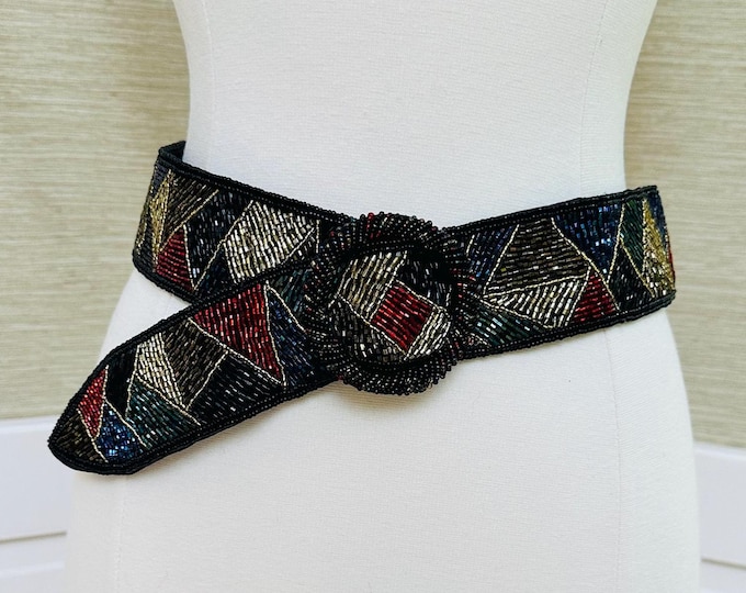 Vintage 80s Art Decor Beaded Belt Geometric Glitter Sead Beads Red Black Gold Green Navy Jewel Tone Belt Multicolored Glam Belt Dressy Belt