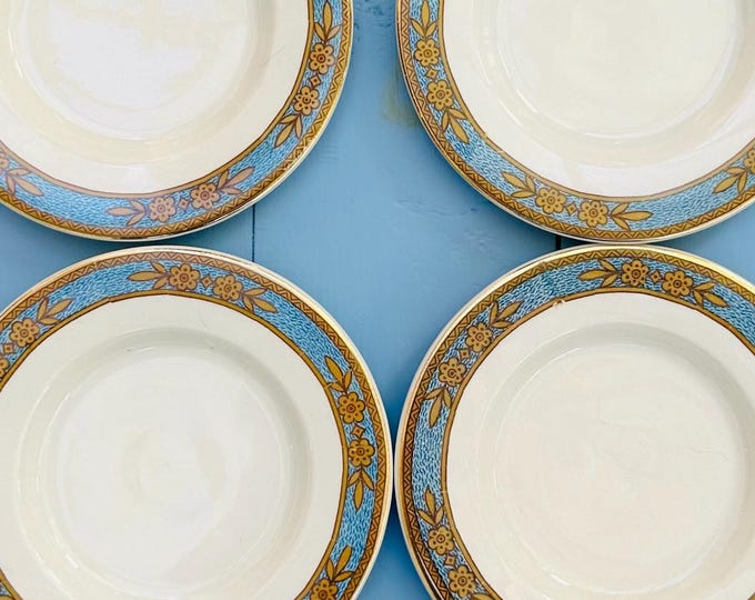 Set of 4 Vintage J & G Meakin England Dessert Plates | Turquoise Floral Art Deco English Transferware Side Plates