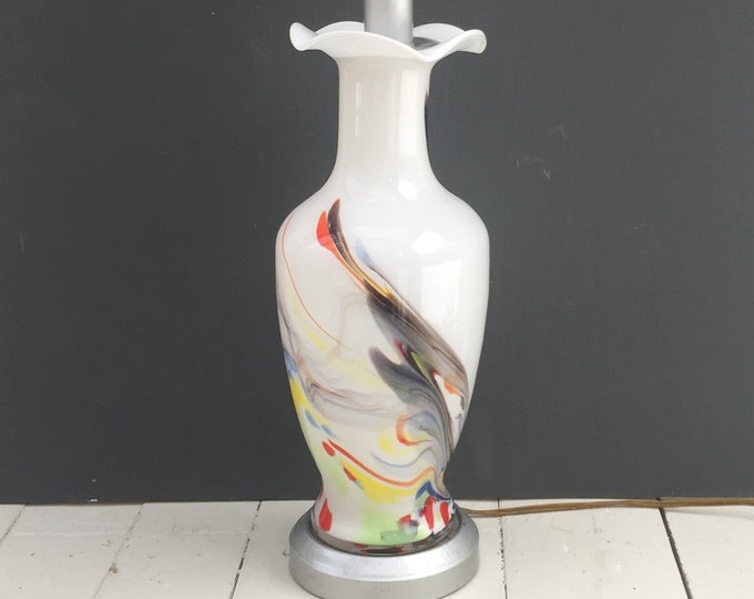 Vintage Marbled Glass Table Lamp, Vintage Milk Glass Paint Splattered Table Lamp, Vintage Mid Century Modern Table Lamp