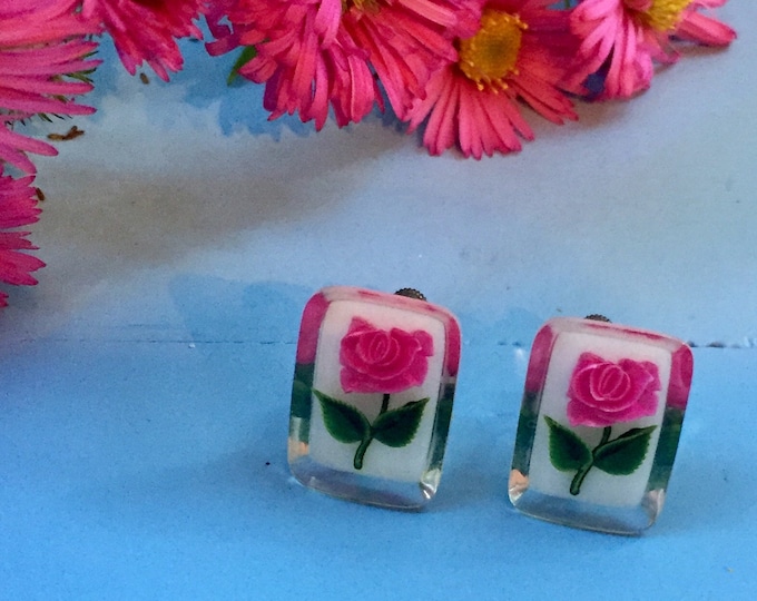 Vintage Lucite Rose Earrings, Vintage Rose Earrings, Vintage Clip-On Earrings, Vintage Rose Jewelry, Lucite Earrings, Acrylic Earrings