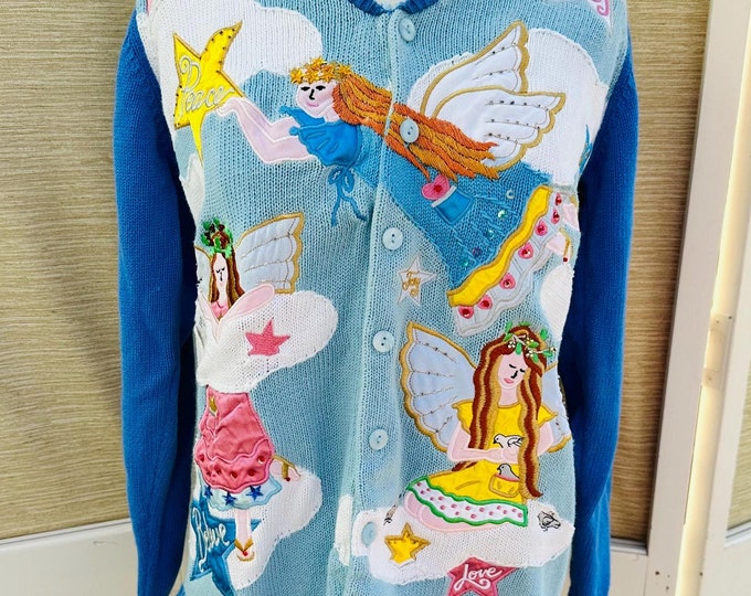 Vintage Christmas Angel Cardigan Sequined Embellished Angel Sweater Rainbow Stars Ugly Christmas Sweater Women's Size Small