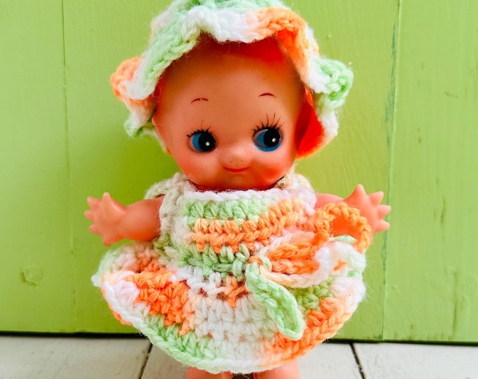 Vintage Kewpie Doll Orange and Green Crocheted Dress Bonnet Kewpie Collectible Doll 5.5 inch Kewpie Vintage Doll 60s Doll