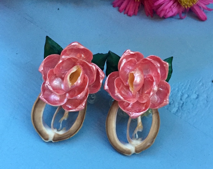 Vintage 1930s Earrings, Antique Rose Earrings, Vintage Shell Carved Earrings, Antique Earrings, Vintage Clip-on Earrings