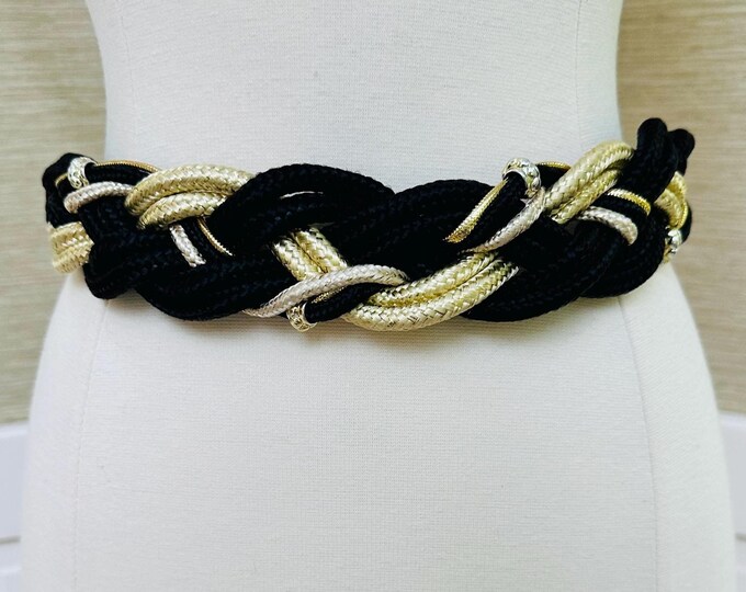 Vintage 1980s Gold Black Braided Belt Women's Cinch Glitter Disco Statement Waist Belt Fashion Party Dress Mesh Belt Back Hook Small 26"
