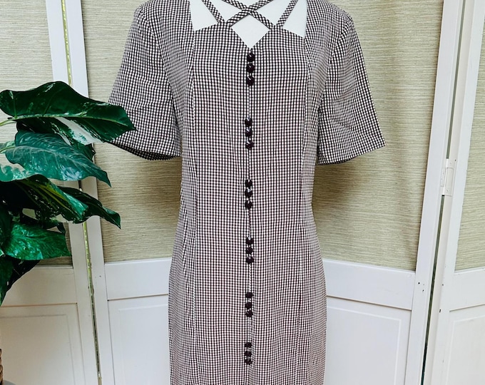 Vintage 80s Gingham Dress, Cross Front, Fitted Maxi Dress, Brown White Gingham Pattern, Women's Size 12, Business Casual Dress