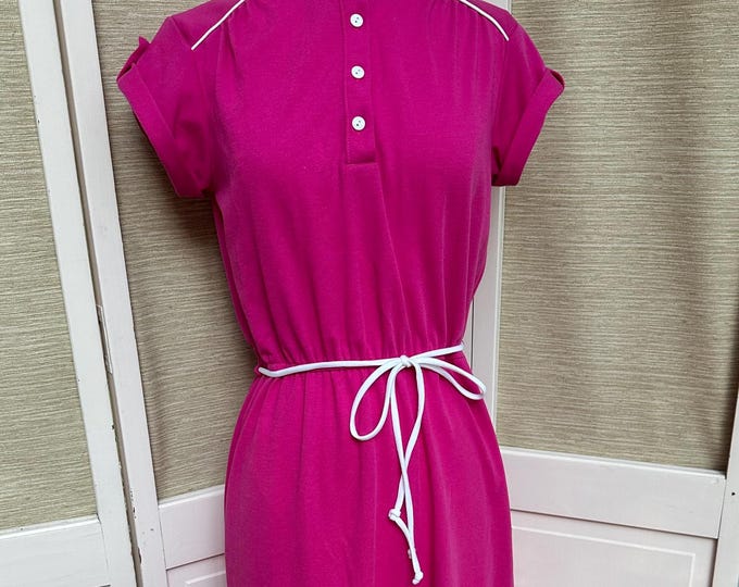 Vintage 80s Dress, Hot Pink White Midi Dress, Women's Size 6, Retro Dress, Cap Sleeve Dress with Button Front, Anderson-Little Dress