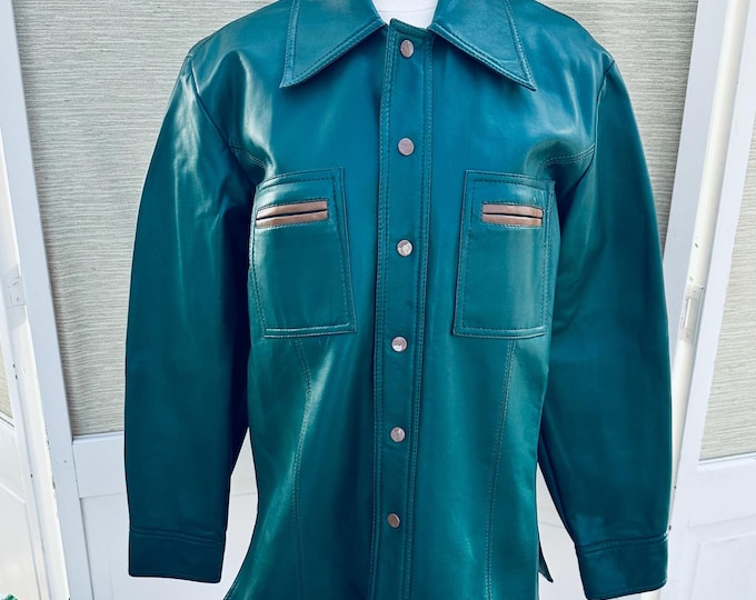Vintage 70s Vinyl Disco Shirt Jacket Emerald Green and Camel Faux Leather Jacket Men's Size Medium Anderson Little Jacket