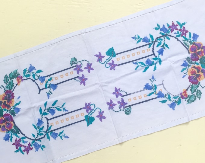 Vintage Cross-Stitch Dresser Runner, Vintage Embroidered Vanity Runner, Vintage Floral Embroidered Linen
