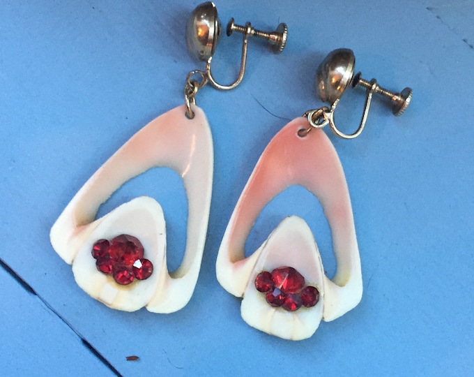 Vintage 1920s Art Deco Earrings, Vintage Shell Drop Earrings, Vintage Shell and Rhinestone Earrings, 1920s Dangle Earrings