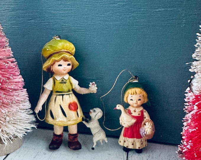 Vintage 70s Bradford Exchange Christmas Ornaments Country Children 1970s Christmas Ornaments Mushroom Hat Girl Mary Had a Little Lamb
