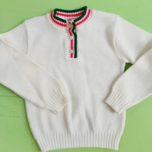 Vintage 1970s Girls Sweater White Preppy Sweater Pink Green Striped Girls Size 7, 8 Vintage Sweater Retro Top Fall River Knitting Works